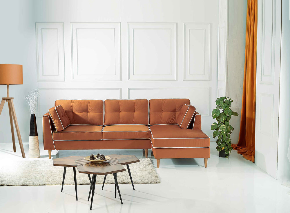 Rubeza Leo 4 Seater Right Hand Facing Chaise End Corner Sofa - Burnt Orange & White