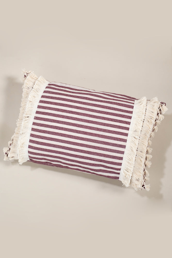 Pure Linen Striped Cushion Cover - with Double Tassels and Laced Edging