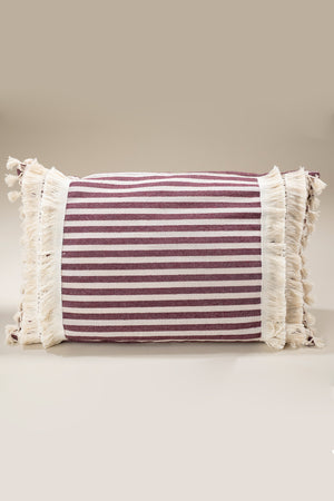 Pure Linen Striped Cushion Cover - with Double Tassels and Laced Edging