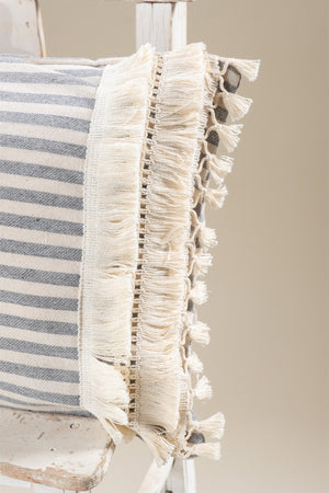 Pure Linen Striped Cushion Cover - with Double Tassels and Laced Edging