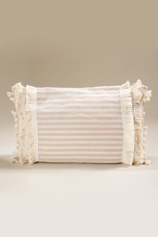 Pure Linen Striped Cushion Cover - with Double Tassels and Laced Edging