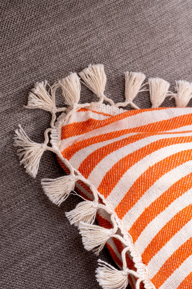 Pure Linen Striped Cushion Cover - with Double Tassels and Laced Edging