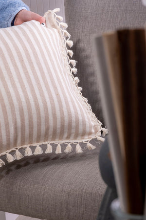 Fringed Pure Linen Cushion Cover - Striped