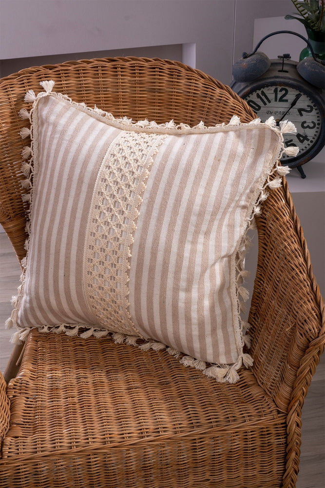 Margate- Lace and Tassel Fringed Design Pure Linen Cushion Cover - Striped