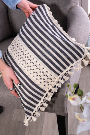 Margate- Lace and Tassel Fringed Design Pure Linen Cushion Cover - Striped